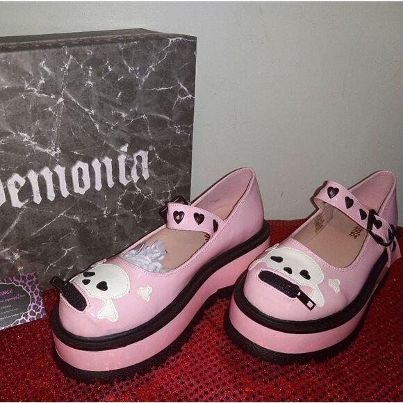 Demonia Shoes - Demonia Patent Leather Candy Holographic Skull Maryjanes